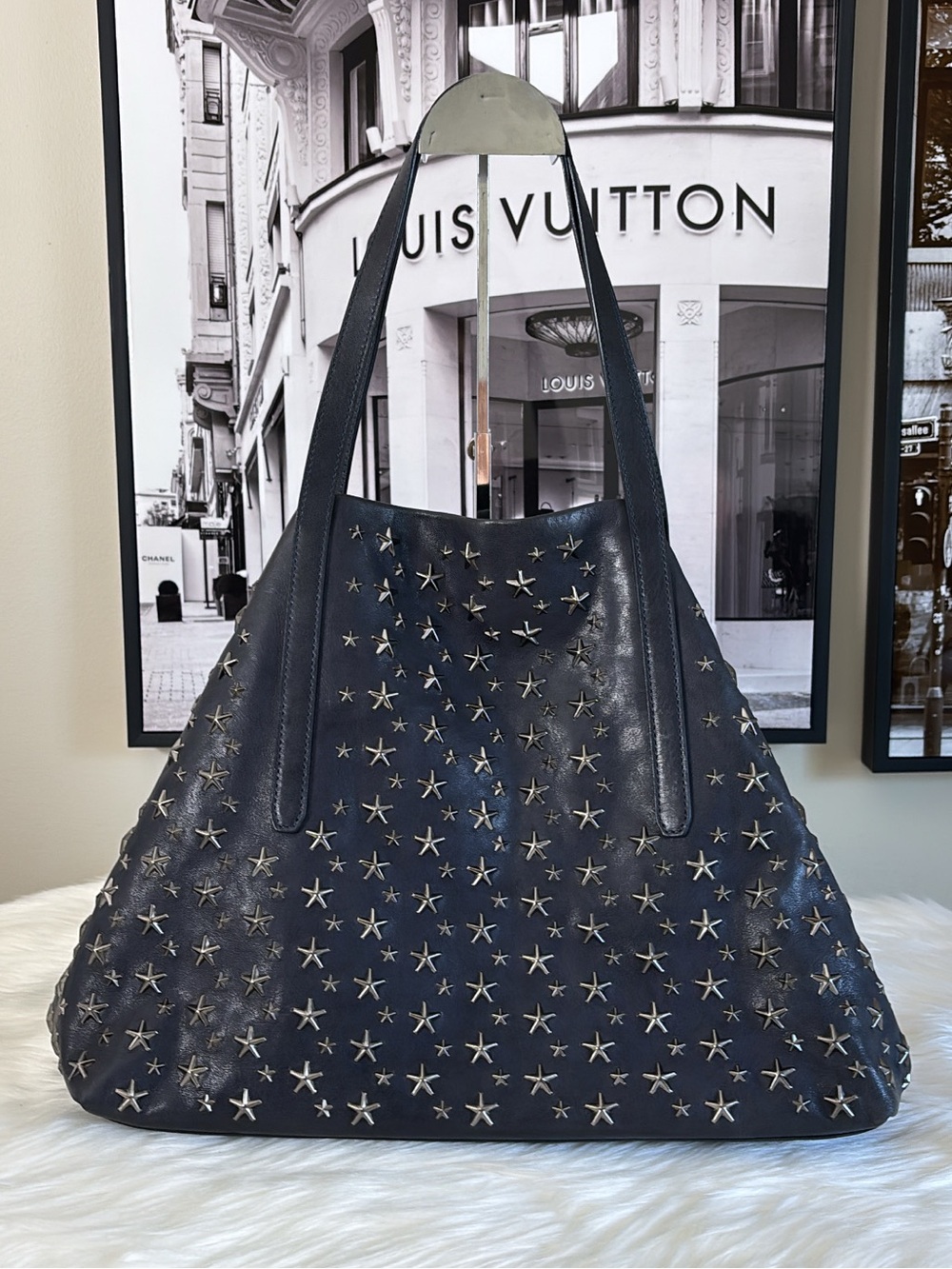 JIMMY CHOO Studded Star Leather Tote Bag - Navy Blue